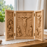 The Life of Christ Hand-Carved Beechwood Triptych – From Nativity to Resurrection Glory - craftsmanship detail