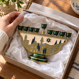 Jerusalem Skyline Hanukkah Menorah – Cloisonné Enamel Judaica Candle Holder