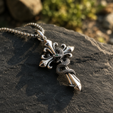 S925 Silver Serpent Cross Pendant Necklace with Green Gemstone