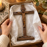 Hand-Carved Beechwood Crucifixion of Jesus Standing Cross – Christian Prayer & Home Altar Decor
