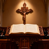 Wood Carving of Jesus Cross with St. Benedict's Exorcism