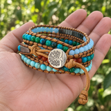 Multi-Layered Hand-Woven Natural Crystal Stone Leather Tree of Life Guardian Bracelet