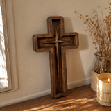Hand-Carved Star of Bethlehem Wooden Cross – Christian Wall Decor & Faith Gift