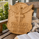 God Bless America Wooden Wall Plaque – Hand-Carved Beechwood Eagle Cross Decor, 1776–2026 250th Anniversary
