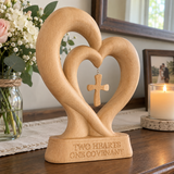 Handcrafted Beechwood Two Hearts One Covenant Cross Sculpture – Christian Wedding & Anniversary Gift