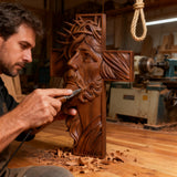 Handcrafted Beechwood Cross: Jesus with the Crown of Thorns