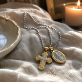 Gold-Tone Copper Zircon Cross & Miraculous Medal Double Pendant Necklace – Christian Faith Jewelry
