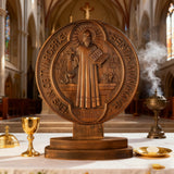St. Benedict Double-Sided Wooden Desk Plaque: A Christian Symbol of Protection & Faith