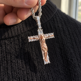 Artisan-Carved Copper Jesus Cross Pendant - Moissanite-Encrusted Hip Hop Religious Necklace