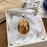 3D Raised Enamel Our Lady of Mount Carmel Oval Stainless Steel Necklace