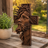 Hand-Carved Beechwood Jesus Crown of Thorns Cross – Christian Wall Art
