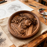 "Jesus with the Crown of Thorns" Beechwood Carved Icon | A Concrete Testimony of Redemption - product view