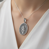 S925K Silver Miracle Medal English Version Inscription Necklace