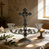 Vintage Jesus Cross Candelabra: Faith Woven into Warm Glow