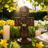 Double-Sided Icon Wood Carving ✝️ | Hand-Carved Crucifix & Saints Beechwood Wall Art