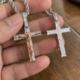 Artisan-Carved Copper Jesus Cross Pendant - Moissanite-Encrusted Hip Hop Religious Necklace