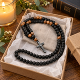 Black Stone & Wood Bead Crucifix Rosary Necklace – 70cm Christian Prayer Rosary