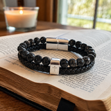 Dual Layer Braided Leather Cross Stainless Steel Men's Bracelet