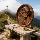 "Jesus with the Crown of Thorns" Beechwood Carved Icon | A Concrete Testimony of Redemption - design detail