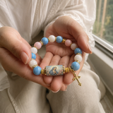 Chalcedony Cross Beaded Bracelet, Vintage Religious Printed Tube Bead Faith Jewelry for Women