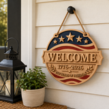 U.S. Founding 250th Anniversary Patriotic Wooden Welcome Door Sign: WELCOME · 1776–2026 · 250 YEARS OF FREEDOM