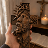 Hand-Carved Beechwood Jesus Crown of Thorns Cross – Christian Wall Art