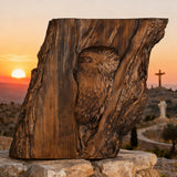 Hand-Carved Owl Tree Wood Art: A Christian Symbol of Wisdom & Divine Awareness