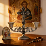 Vintage Jesus Cross Candelabra: Faith Woven into Warm Glow