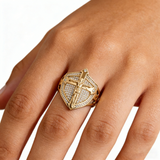 Vintage Gold Shield Crucifix Men's Ring – Faith, Protection & Bold Style - size and finish detail