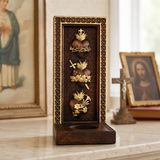 Holy Family Three Sacred Hearts Candlestick Wooden Carved Tabletop Arrangement