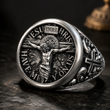 S925K Silver Jesus Crucifixion St. Benedict Medal Ring for daily faith wear and Christian gifting
