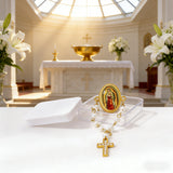 Our Lady of Guadalupe 11-Pearl Brooch with Crystal Cross Pendant for daily faith wear and Christian gifting