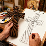 Holy Family wood icon decoration, Joseph, Mary, Baby Jesus, carved wooden cross, wall decoration