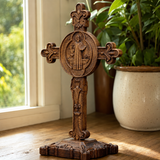 Hand-Carved Beechwood Saint Benedict Crucifix – Double-Sided Christian Standing Cross