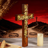 Hand-Carved Rose Cross Wall Art ✝️🌹 | Solid Beechwood Christian Decor with Golden Flowers
