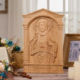 Sacred Heart of Jesus Hand-Carved Beechwood Relief - Divine Mercy Home Altar Decor