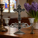 Vintage Jesus Cross Candelabra: Faith Woven into Warm Glow