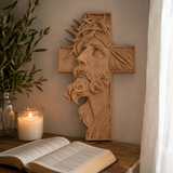 Hand-Carved Beechwood Jesus Crown of Thorns Cross – Christian Wall Art