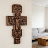 Eastern Orthodox Crucifixion Cross Wall Decor - Faith & Redemption Theme Wooden Carved Wall Hanging