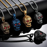 Men's Stainless Steel Cubic Zircnia Eyes Engraved Skull Pendant Necklace - BGCOPPER