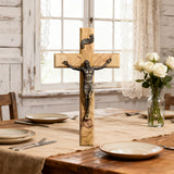【Holy City Wood】Handcrafted Olive Wood Cross with Bronze Christ Statue A Devotional Companion for Prayer A Collectible Gift of Distinction