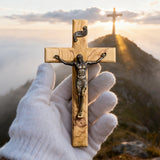 【Holy City Wood】Handcrafted Olive Wood Cross with Bronze Christ Statue A Devotional Companion for Prayer A Collectible Gift of Distinction