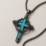 Crown of Thorns Turquoise Cross Necklace – Christian Faith Pendant with 24″ Chain