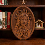 Our Lady in Tears and Prayer with a Nine-Star Halo — Hand-Carved Beechwood Statue