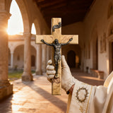 【Holy City Wood】Handcrafted Olive Wood Cross with Bronze Christ Statue A Devotional Companion for Prayer A Collectible Gift of Distinction