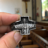 S925K Silver Jesus Guardian Cross Sacred Heart of Jesus Ring