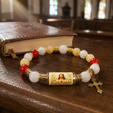 Chalcedony Cross Beaded Bracelet, Vintage Religious Printed Tube Bead Faith Jewelry for Women