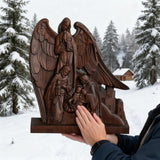 Hand-Carved Holy Family & Guardian Angel Solid Wood Statue: A Faith Artwork Anchoring Divine Blessings for Your Home