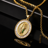 Oval Baguette Cubic Zirconia Saint Jude Medal Necklace, Gold Plated Brass St. Jude Pendant Religious Jewelry