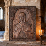 Our Lady of Sorrows Wooden Wall Decor - Our Lady of the Seven Arrows Softens the Heart of Evil - side view